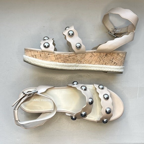 Marc Fisher Faythe Silver Studded Straps Cork Soles Platform Sandals Women’s 8.5 - Picture 3 of 15